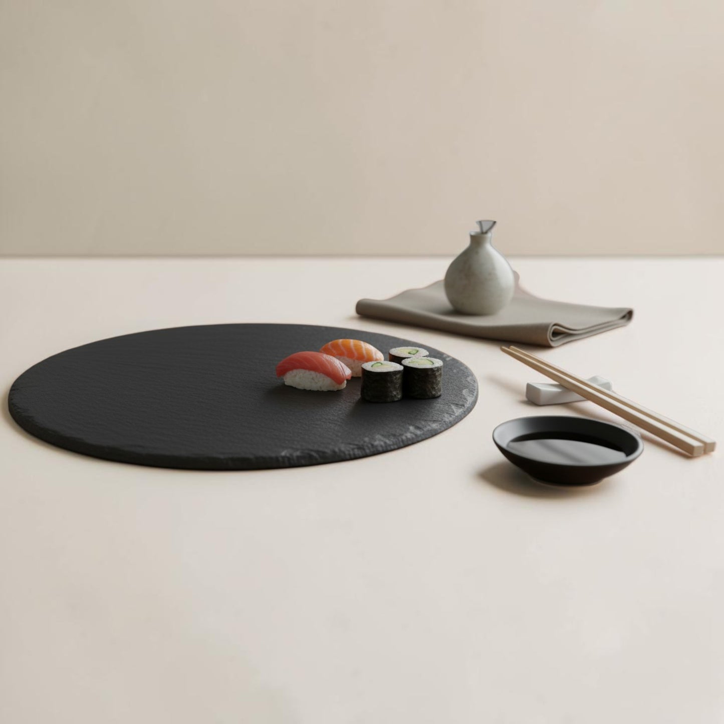 Round Black Slate Sushi-Serving Board – Premium Appetizer & Dining Plate Set